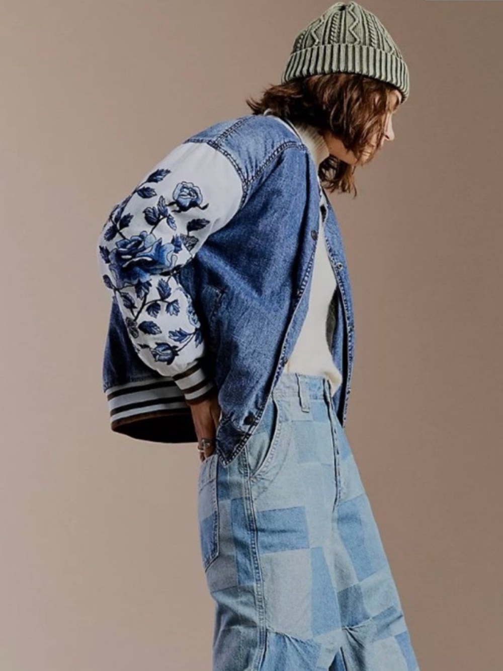 Free People team spirit Embroidered Blue Denim Bomber Jacket size S - Picture 2 of 5
